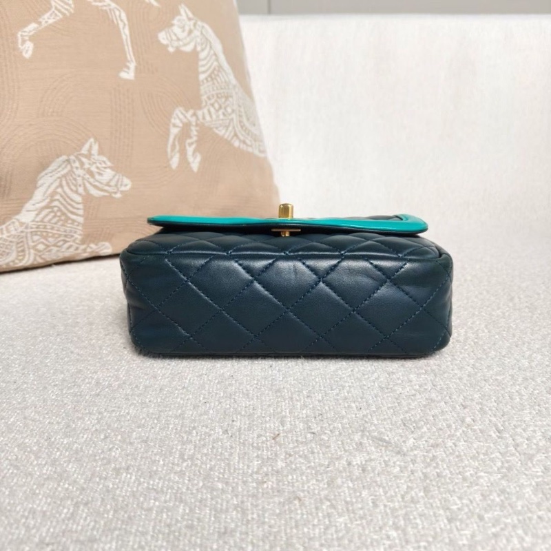 Chanel CF方胖子拼色鏈條深綠色拼湖綠色 金扣 羊皮 18*14*6 98新配件塵袋保卡-4
