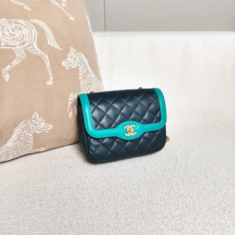 Chanel CF方胖子拼色鏈條深綠色拼湖綠色 金扣 羊皮 18*14*6 98新配件塵袋保卡-6
