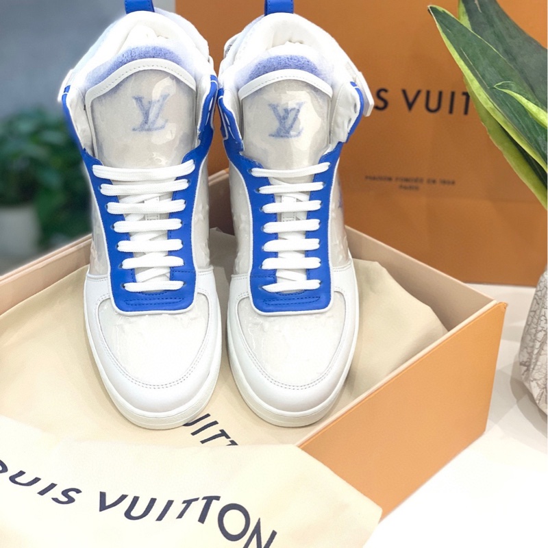 閒置新，未使用，LouisVuitton路易威登 Boombox高幫女士休閒板鞋 藍白配色，附件，塵袋-0