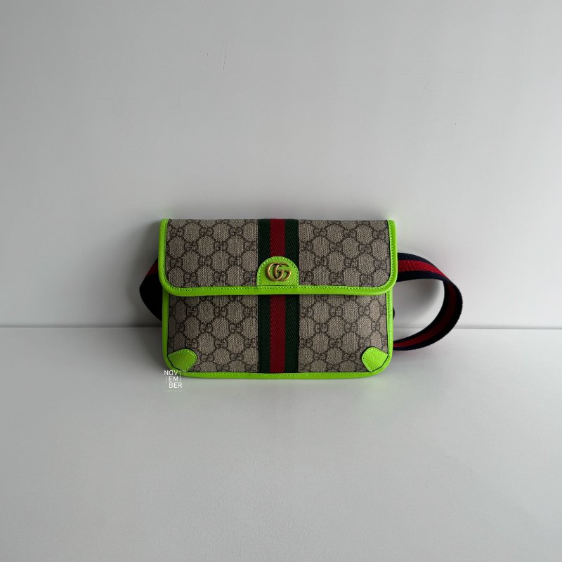 閒置新🫰🏻 Gucci 古馳 Ophidia GG 螢光綠印花皮革腰包-0