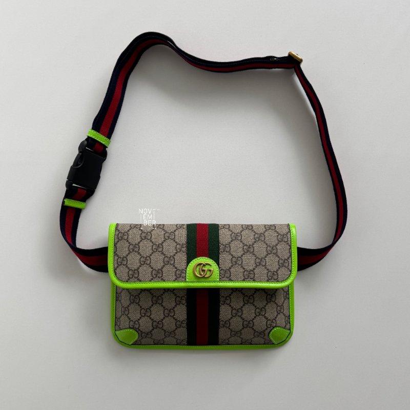 閒置新🫰🏻 Gucci 古馳 Ophidia GG 螢光綠印花皮革腰包-1
