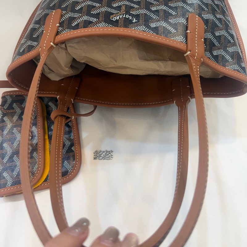 GOYARD Anjou 雙面購物袋Mini20金棕帆布銀扣肩背菜籃托特-21