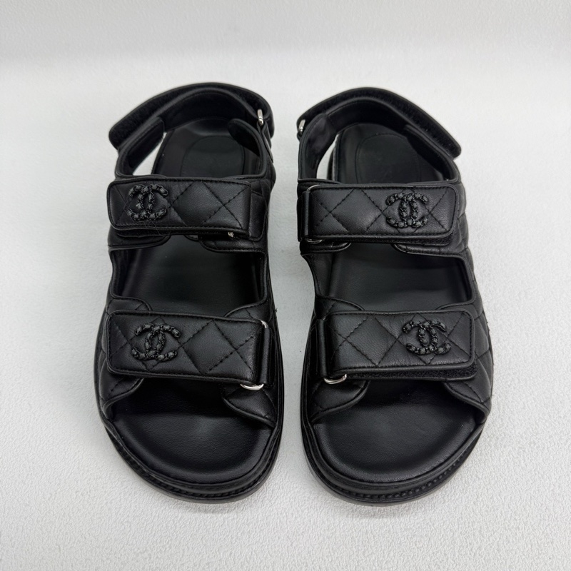 98新Chanel香奈兒黑色全皮so black魔術貼涼鞋菱格紋 36.5碼-0