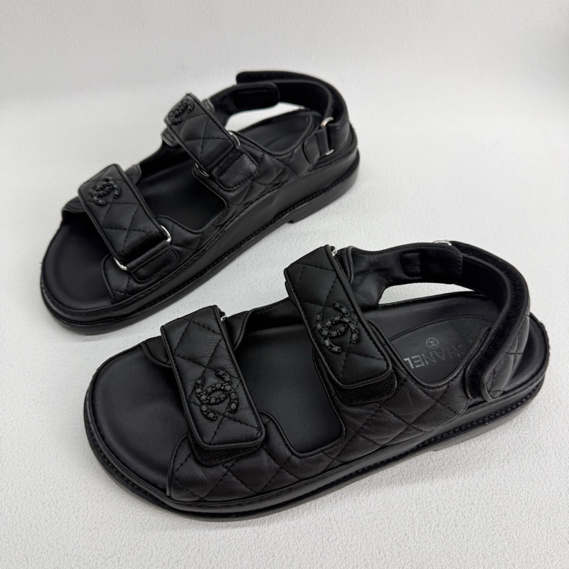 98新Chanel香奈兒黑色全皮so black魔術貼涼鞋菱格紋 36.5碼-1