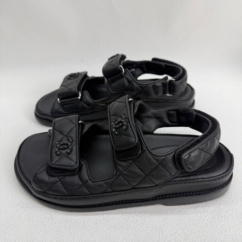 98新Chanel香奈兒黑色全皮so black魔術貼涼鞋菱格紋 36.5碼-5