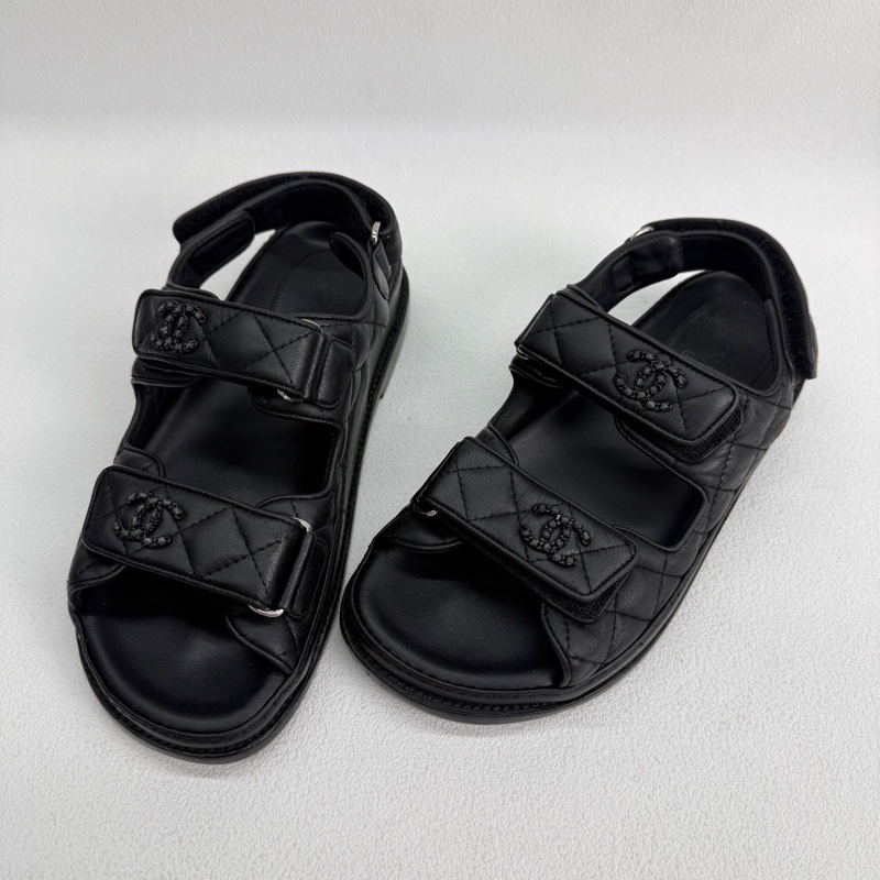 98新Chanel香奈兒黑色全皮so black魔術貼涼鞋菱格紋 36.5碼-8