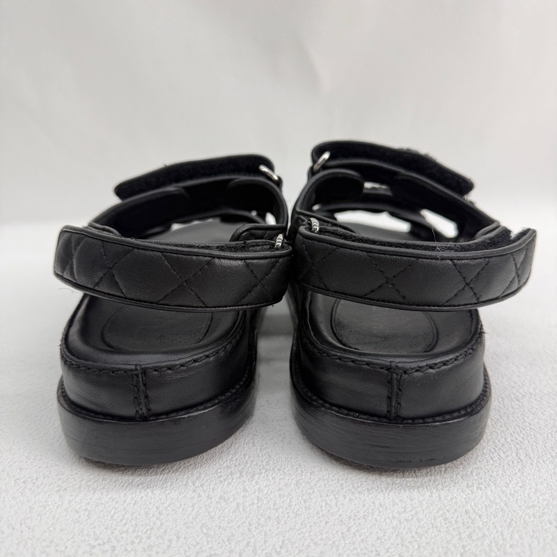 98新Chanel香奈兒黑色全皮so black魔術貼涼鞋菱格紋 36.5碼-9