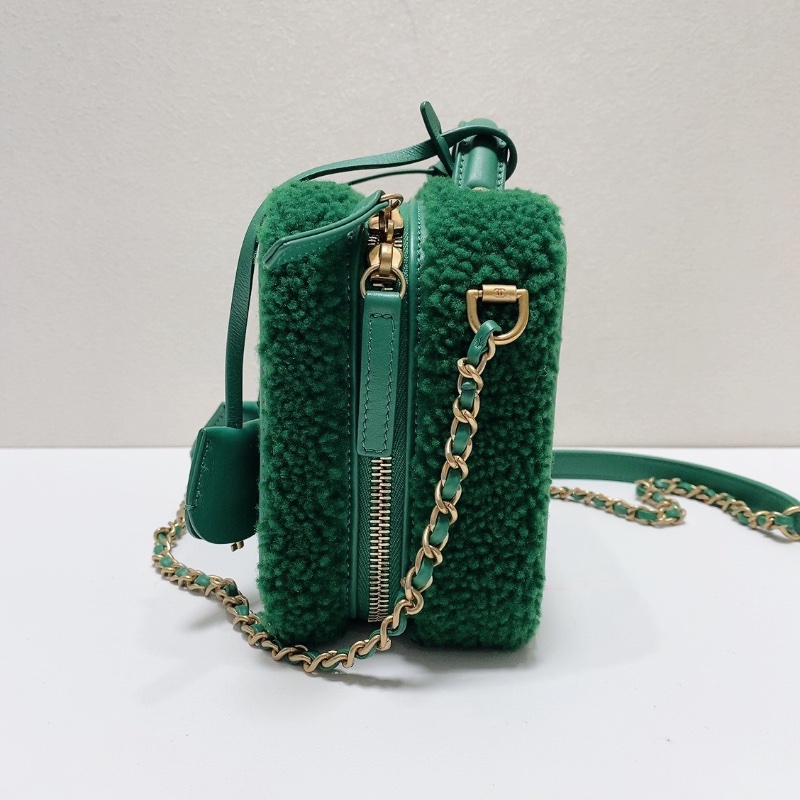 Chanel毛呢綠色金扣相機包 手提肩背斜背鏈條包20×15×9cm 98新配件塵袋-4