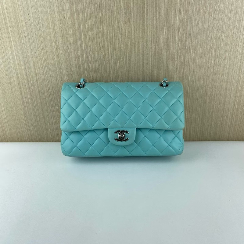 Chanel 淡藍色中號CF 羊皮 銀扣 25*15*6.5 98新配件塵袋盒子-1