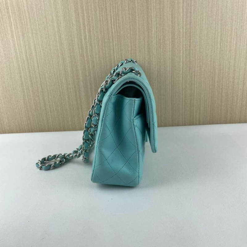 Chanel 淡藍色中號CF 羊皮 銀扣 25*15*6.5 98新配件塵袋盒子-3