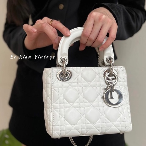 DIOR 白銀三格黛妃手提肩背斜背包17*15*7 99新配件塵袋