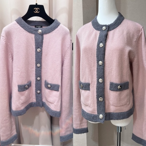 Chanel粉灰邊羊毛針織外套