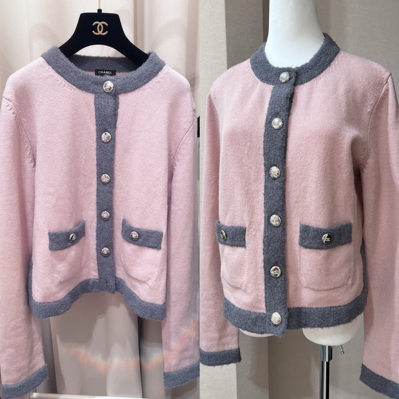 Chanel粉灰邊羊毛針織外套-0