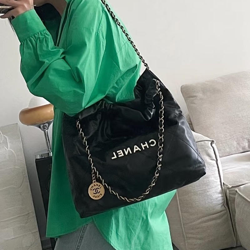 經典熱門款🖤99新🆕Chanel黑金白字小號22bag垃圾袋手提袋單肩包-2