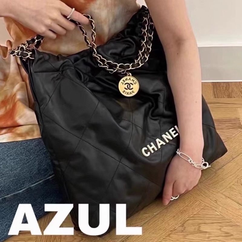 經典熱門款🖤99新🆕Chanel黑金白字小號22bag垃圾袋手提袋單肩包-5