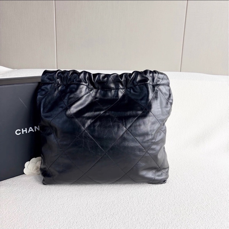 經典熱門款🖤99新🆕Chanel黑金白字小號22bag垃圾袋手提袋單肩包-8