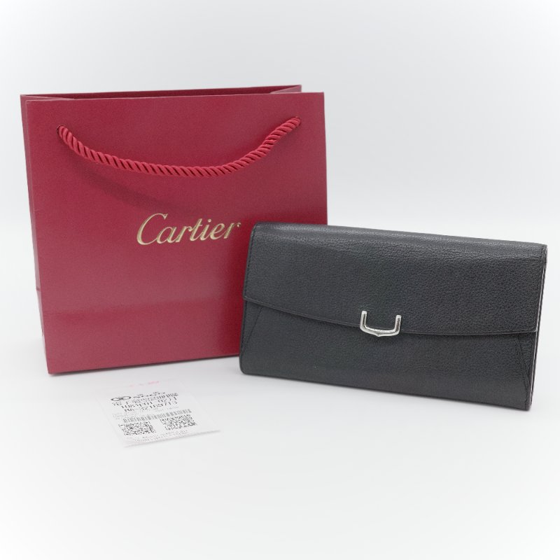 Cartier卡地亞 C de Cartier黑色 牛皮 長款翻蓋錢包-0