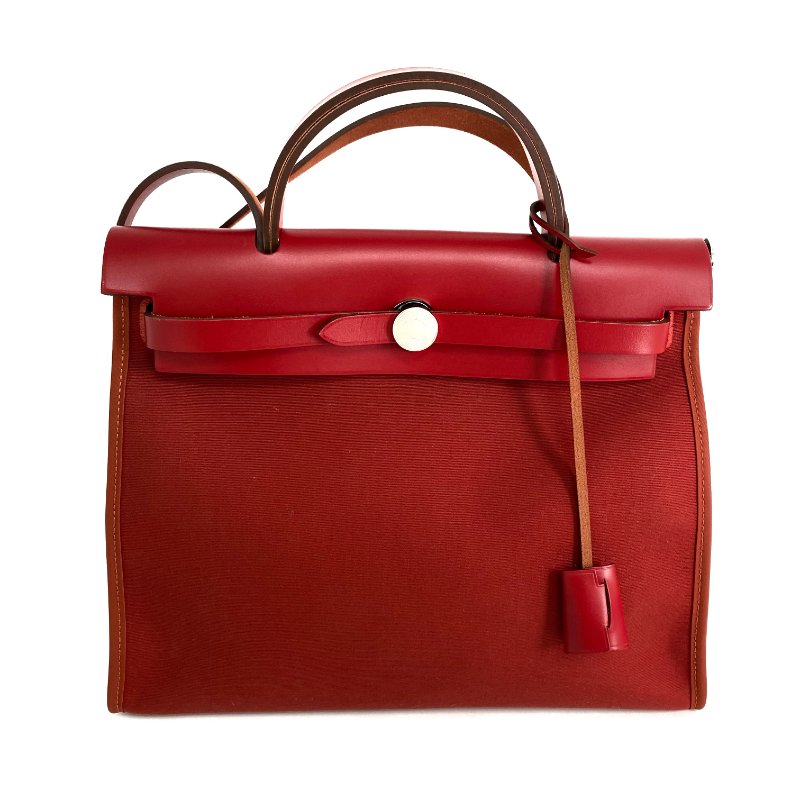 △ Hermes 愛馬仕 Red And Hot Pink Canvas Palladium Plated Metal Herbag 31 2 Way Bag Stamp Z 紅色和桃紅色鍍鈀金屬兩用袋Z刻 - 267000207-0