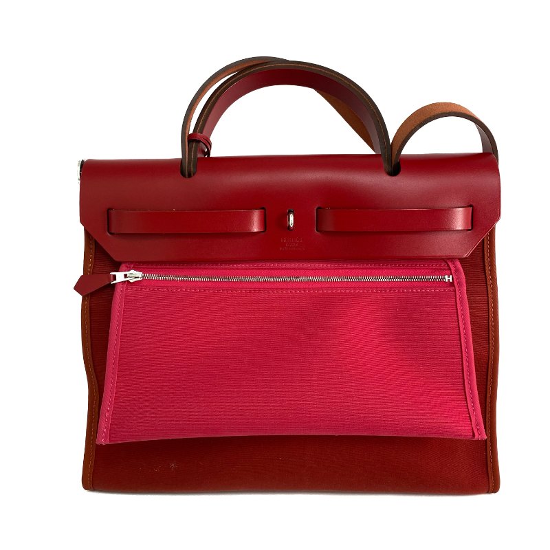 △ Hermes 愛馬仕 Red And Hot Pink Canvas Palladium Plated Metal Herbag 31 2 Way Bag Stamp Z 紅色和桃紅色鍍鈀金屬兩用袋Z刻 - 267000207-1