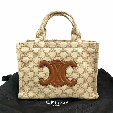 △ Celine 思琳 Beige And Brown Canvas Small Cabas Thais 2 Way Bag 米黃色和啡色帆布兩用袋 - 267000146