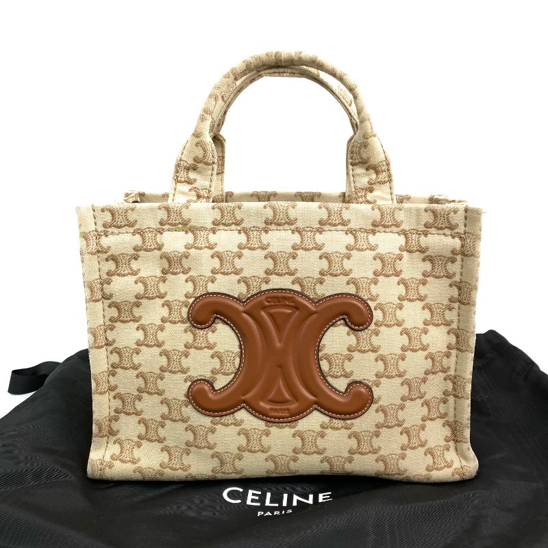 △ Celine 思琳 Beige And Brown Canvas Small Cabas Thais 2 Way Bag 米黃色和啡色帆布兩用袋 - 267000146-0