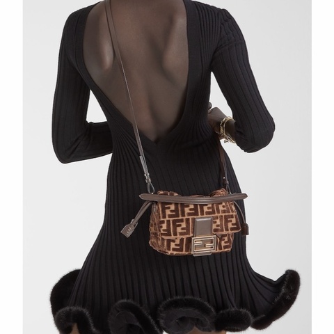 Fendi 女士 Mamma Baguette FF 提花天鵝絨迷你包均碼碼MINI、16cm*10cm*13cm