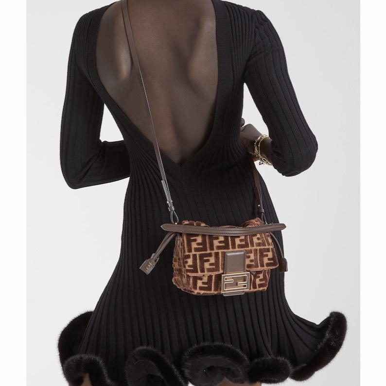 Fendi 女士 Mamma Baguette FF 提花天鵝絨迷你包均碼碼MINI、16cm*10cm*13cm-0