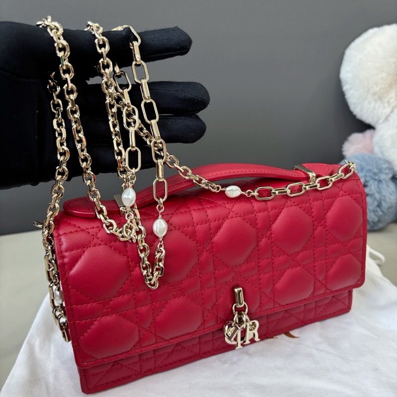 Dior 紅色My dior菱格紋珍珠鏈條包-4