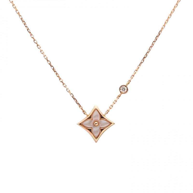 LOUIS VUITTON 18K玫瑰金鑽石COLORBLOSSOMBBSTAR粉貝母單鑽四葉草項鏈-0