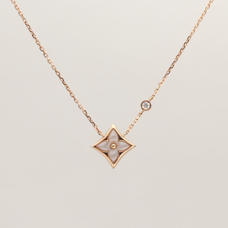LOUIS VUITTON 18K玫瑰金鑽石COLORBLOSSOMBBSTAR粉貝母單鑽四葉草項鏈-1