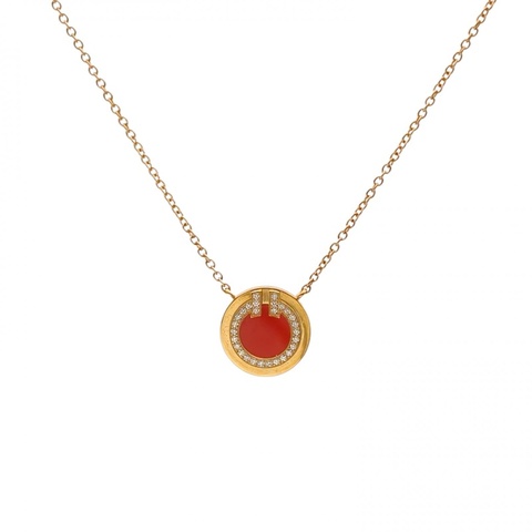 TIFFANY&CO 18K黃金鑽石紅玉髓黃金雙T圓餅帶鑽項鏈