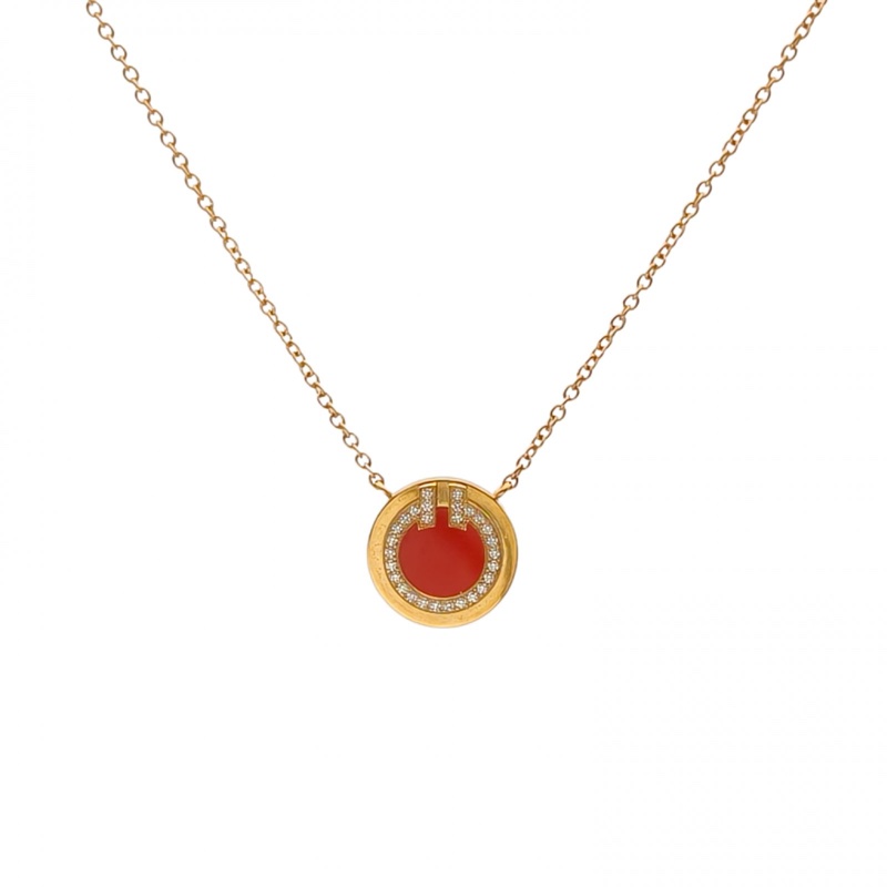 TIFFANY&CO 18K黃金鑽石紅玉髓黃金雙T圓餅帶鑽項鏈-0