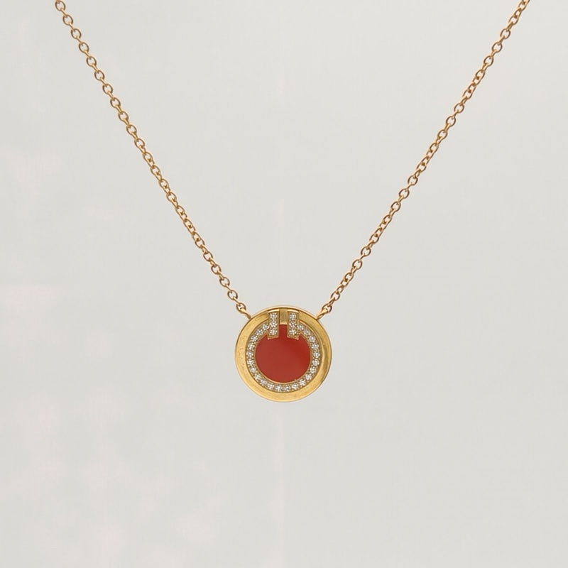 TIFFANY&CO 18K黃金鑽石紅玉髓黃金雙T圓餅帶鑽項鏈-1