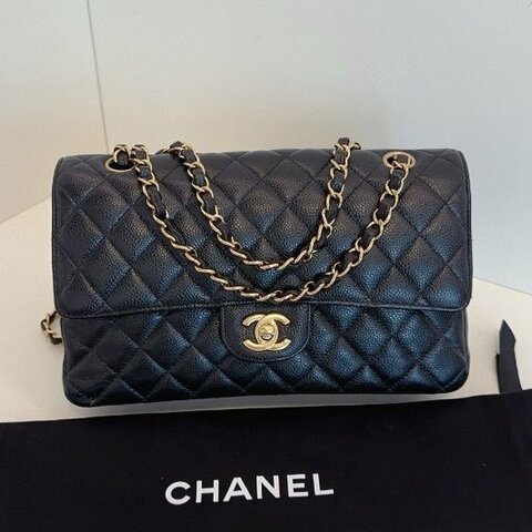 香奈兒/Chanel 黑金荔枝牛皮 CF鏈條包 中號 雙蓋紅內
