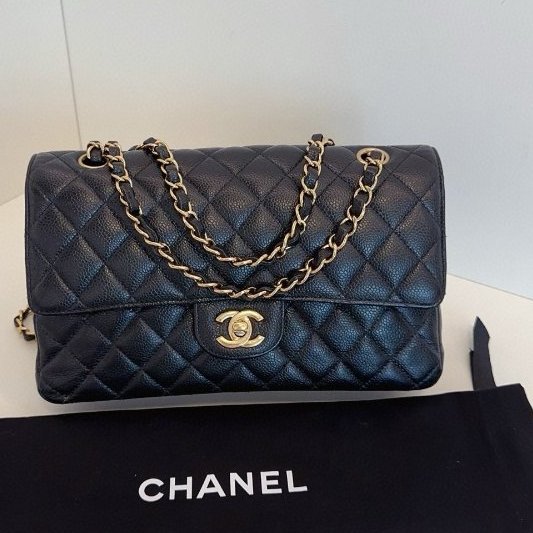 香奈兒/Chanel 黑金荔枝牛皮 CF鏈條包 中號 雙蓋紅內-6