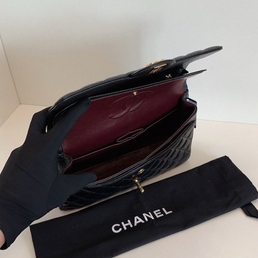 香奈兒/Chanel 黑金荔枝牛皮 CF鏈條包 中號 雙蓋紅內-10