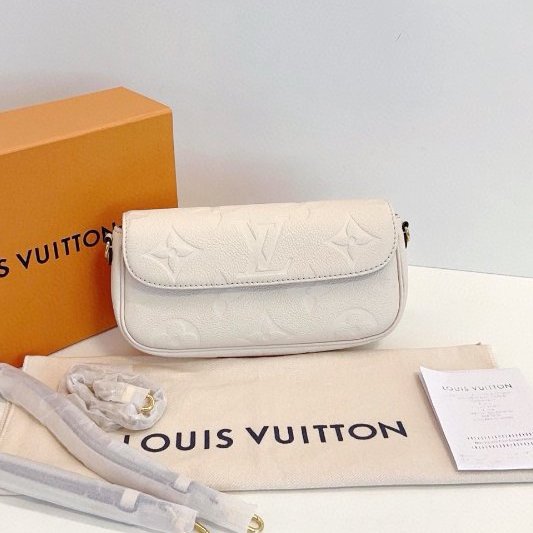 閒置新 路易威登/Louis Vuitton 奶油白全皮壓花Ivy腋下麻將包 芯片款-0