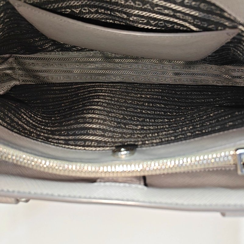 PRADA Galleria大號灰色牛皮徽標十字紋殺手包單肩包手提包斜挎包銀色五金可拆卸肩帶 9.8新-6