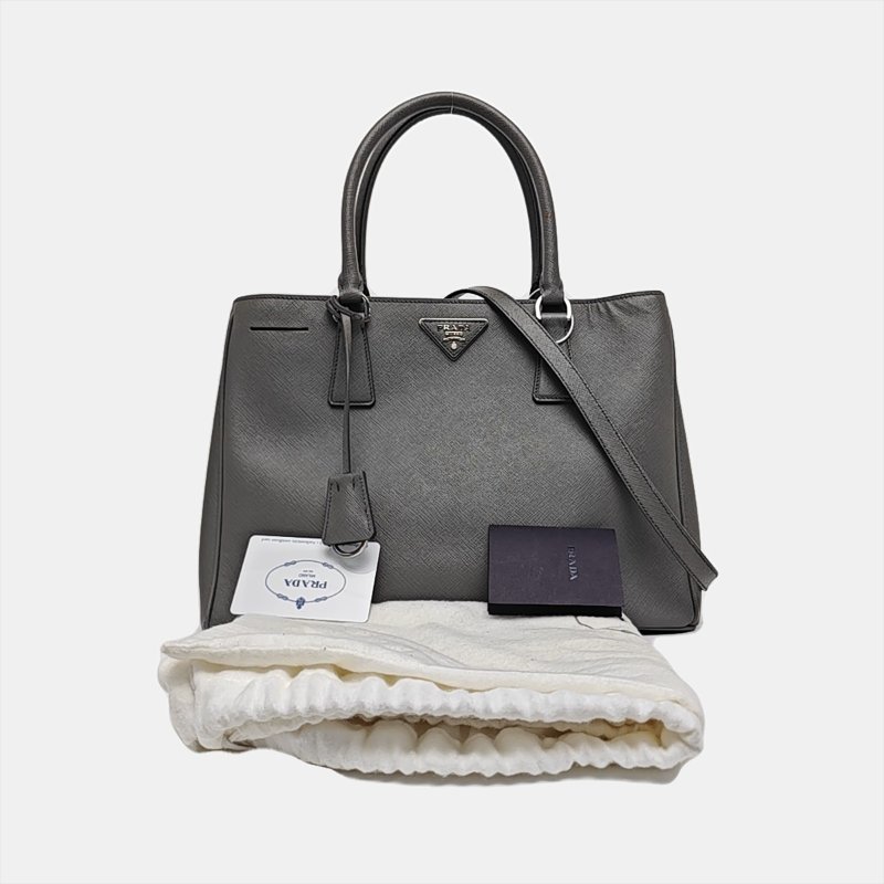 PRADA Galleria大號灰色牛皮徽標十字紋殺手包單肩包手提包斜挎包銀色五金可拆卸肩帶 9.8新-7