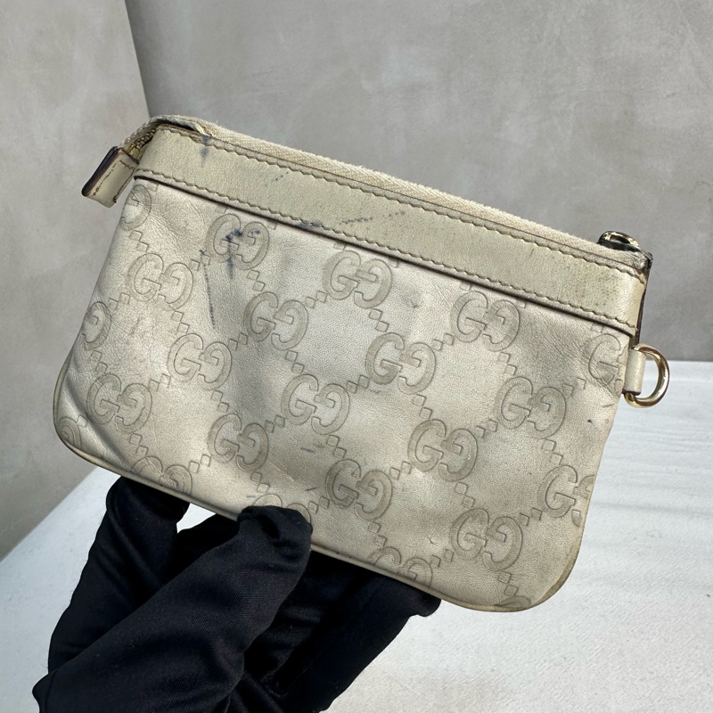 GUCCI 中古米色壓印老花一字拉鍊零錢包卡包-4
