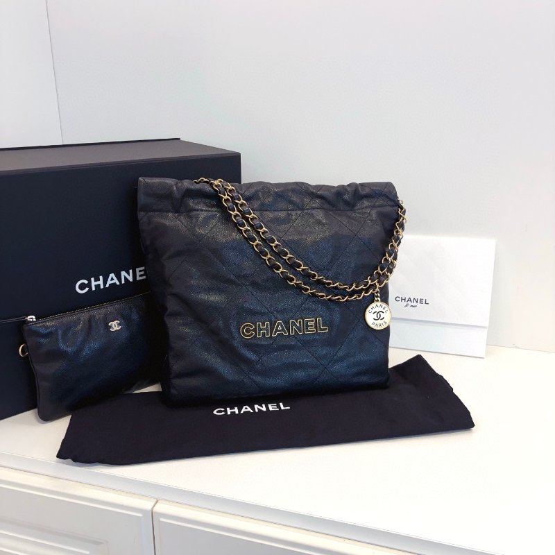 閒置新 香奈兒/Chanel 22bag黑金荔枝牛皮 鏤空琺瑯字母logo小號 芯片款-0