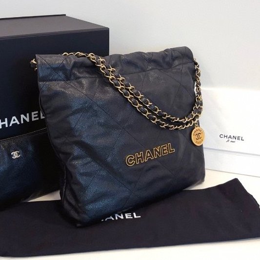 閒置新 香奈兒/Chanel 22bag黑金荔枝牛皮 鏤空琺瑯字母logo小號 芯片款-2