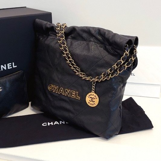 閒置新 香奈兒/Chanel 22bag黑金荔枝牛皮 鏤空琺瑯字母logo小號 芯片款-3