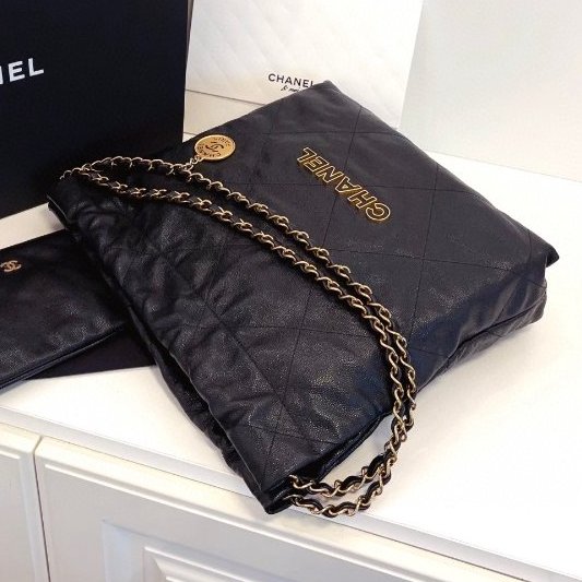 閒置新 香奈兒/Chanel 22bag黑金荔枝牛皮 鏤空琺瑯字母logo小號 芯片款-4