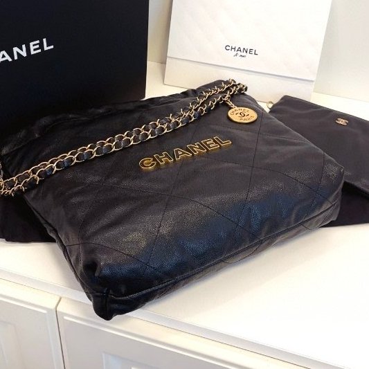 閒置新 香奈兒/Chanel 22bag黑金荔枝牛皮 鏤空琺瑯字母logo小號 芯片款-5