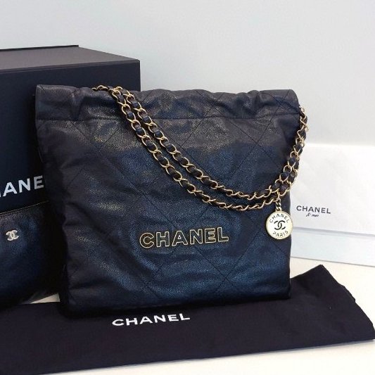 閒置新 香奈兒/Chanel 22bag黑金荔枝牛皮 鏤空琺瑯字母logo小號 芯片款-6