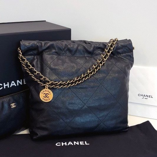 閒置新 香奈兒/Chanel 22bag黑金荔枝牛皮 鏤空琺瑯字母logo小號 芯片款-7