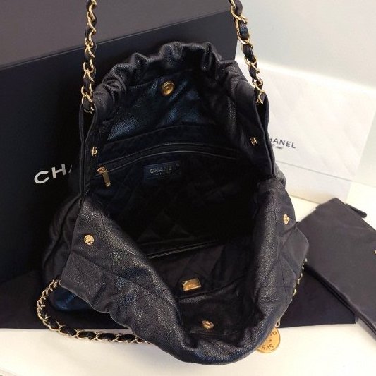 閒置新 香奈兒/Chanel 22bag黑金荔枝牛皮 鏤空琺瑯字母logo小號 芯片款-9