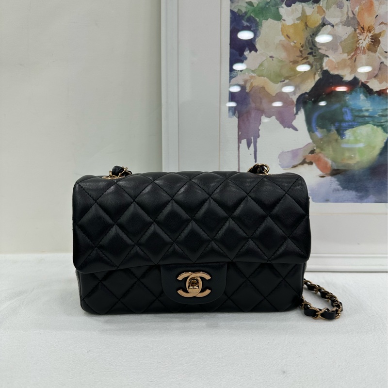 Chanel 香奈兒 CF 大mini 24B黑色棕色金屬扣限定棕鏈條 棕色金屬季節款限定扣 黑色羊皮芯片款 有購證-1