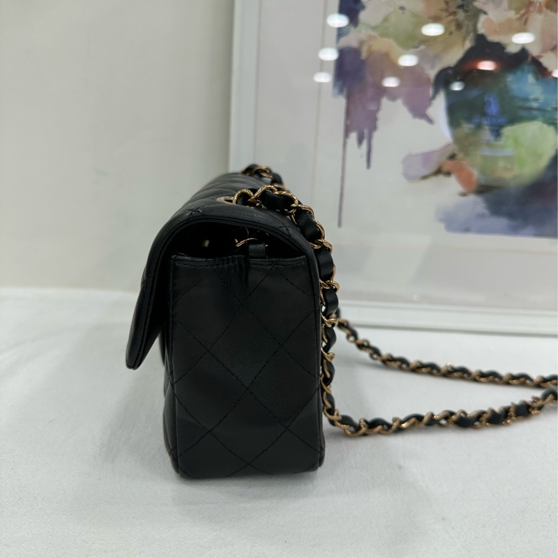 Chanel 香奈兒 CF 大mini 24B黑色棕色金屬扣限定棕鏈條 棕色金屬季節款限定扣 黑色羊皮芯片款 有購證-4